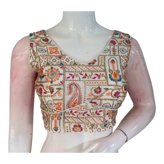 Sleeveless Floral Embroidery Semi-Silk Readymade Blouse - Off-White