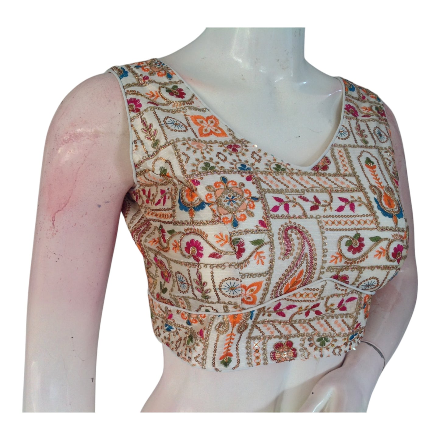 Sleeveless Floral Embroidery Semi-Silk Readymade Blouse - Off-White