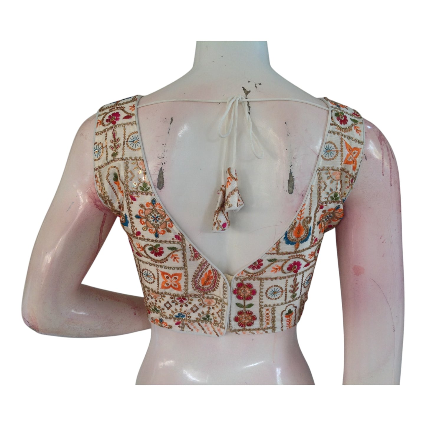 Sleeveless Floral Embroidery Semi-Silk Readymade Blouse - Off-White