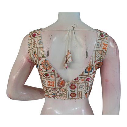Sleeveless Floral Embroidery Semi-Silk Readymade Blouse - Off-White