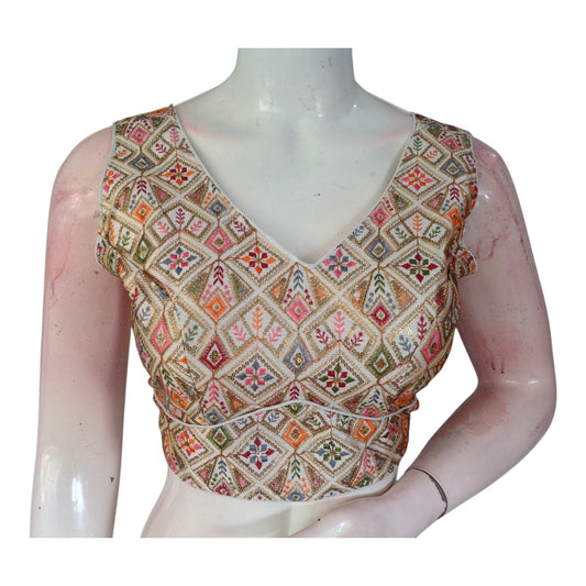 Premium Semi-Silk Off-White Color Readymade Blouse, Floral Embroidered