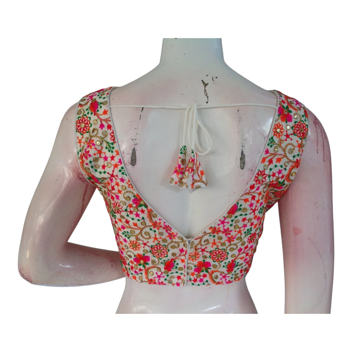 Elegant Sleeveless Semi-Silk Readymade Blouse - Off-White with Floral Details