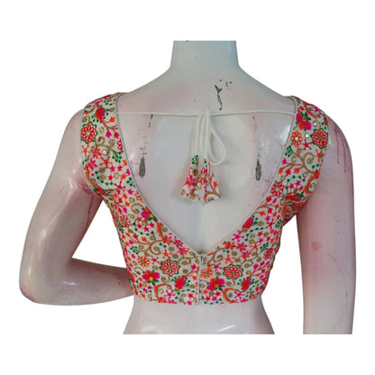 Elegant Sleeveless Semi-Silk Readymade Blouse - Off-White with Floral Details