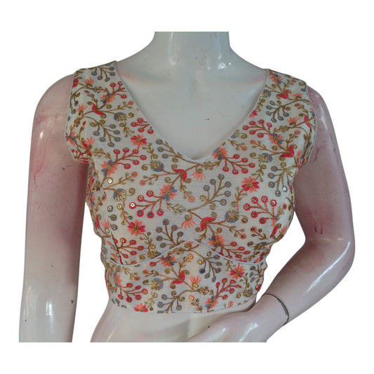 Sleeveless Semi-Silk Saree Blouse, Floral Motif, Off-White Hue