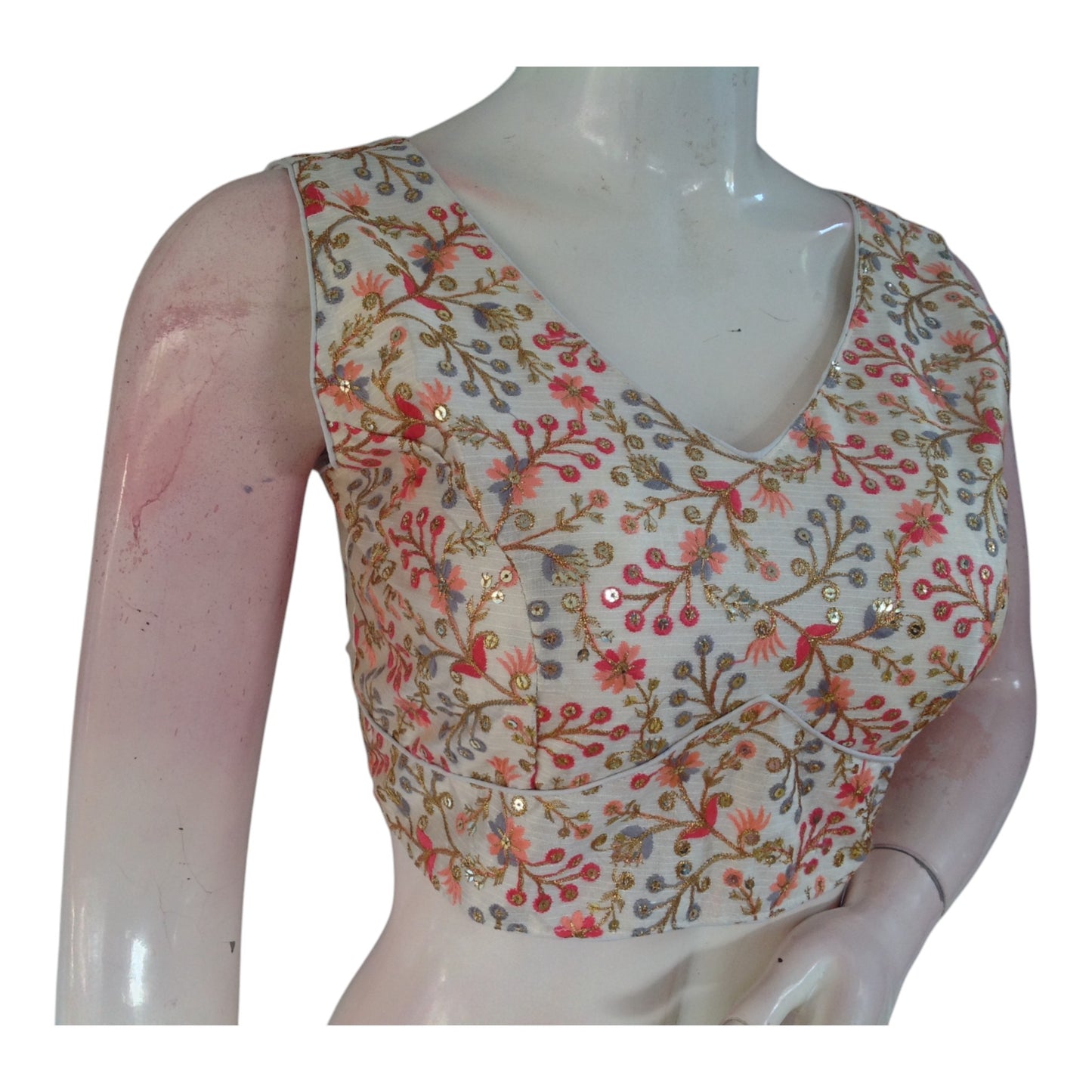 Sleeveless Semi-Silk Saree Blouse, Floral Motif, Off-White Hue
