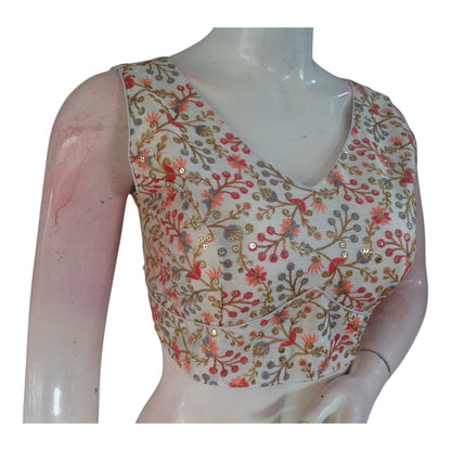 Sleeveless Semi-Silk Saree Blouse, Floral Motif, Off-White Hue