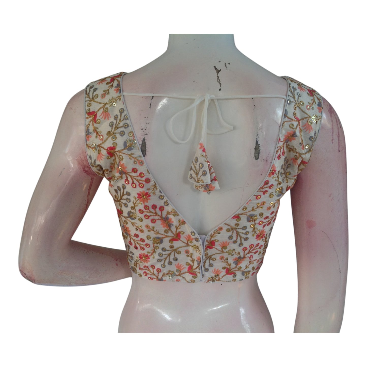 Sleeveless Semi-Silk Saree Blouse, Floral Motif, Off-White Hue