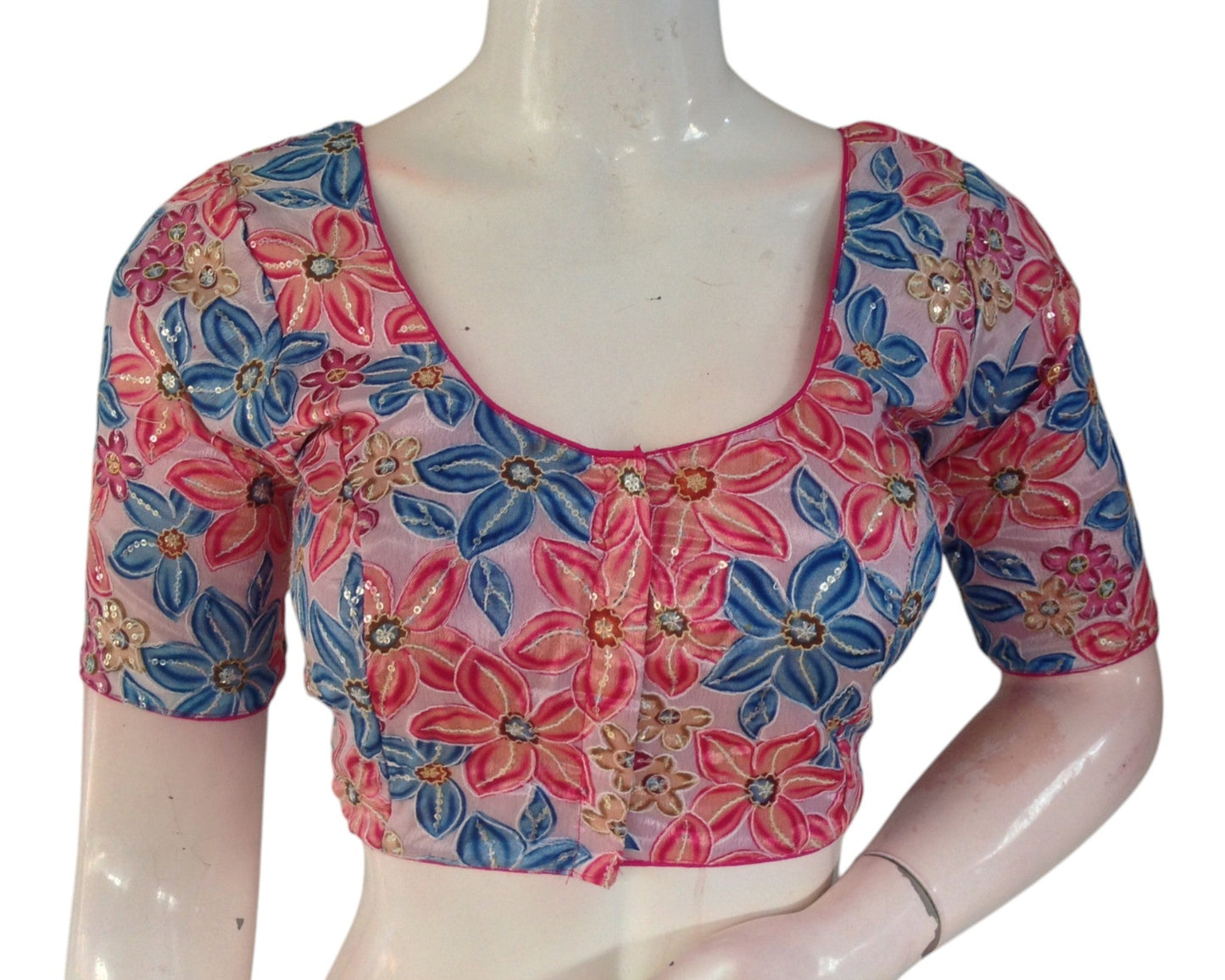 Elegant Pastel Pink Organza Sequined Floral Saree Blouse - Readymade Designer Blouse