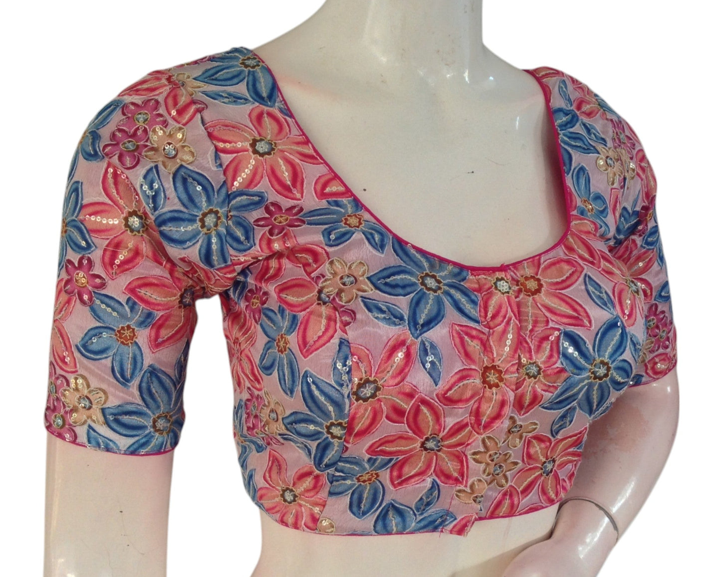 Elegant Pastel Pink Organza Sequined Floral Saree Blouse - Readymade Designer Blouse