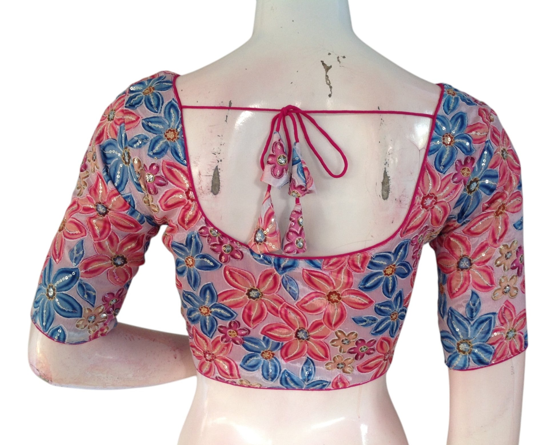 Elegant Pastel Pink Organza Sequined Floral Saree Blouse - Readymade Designer Blouse