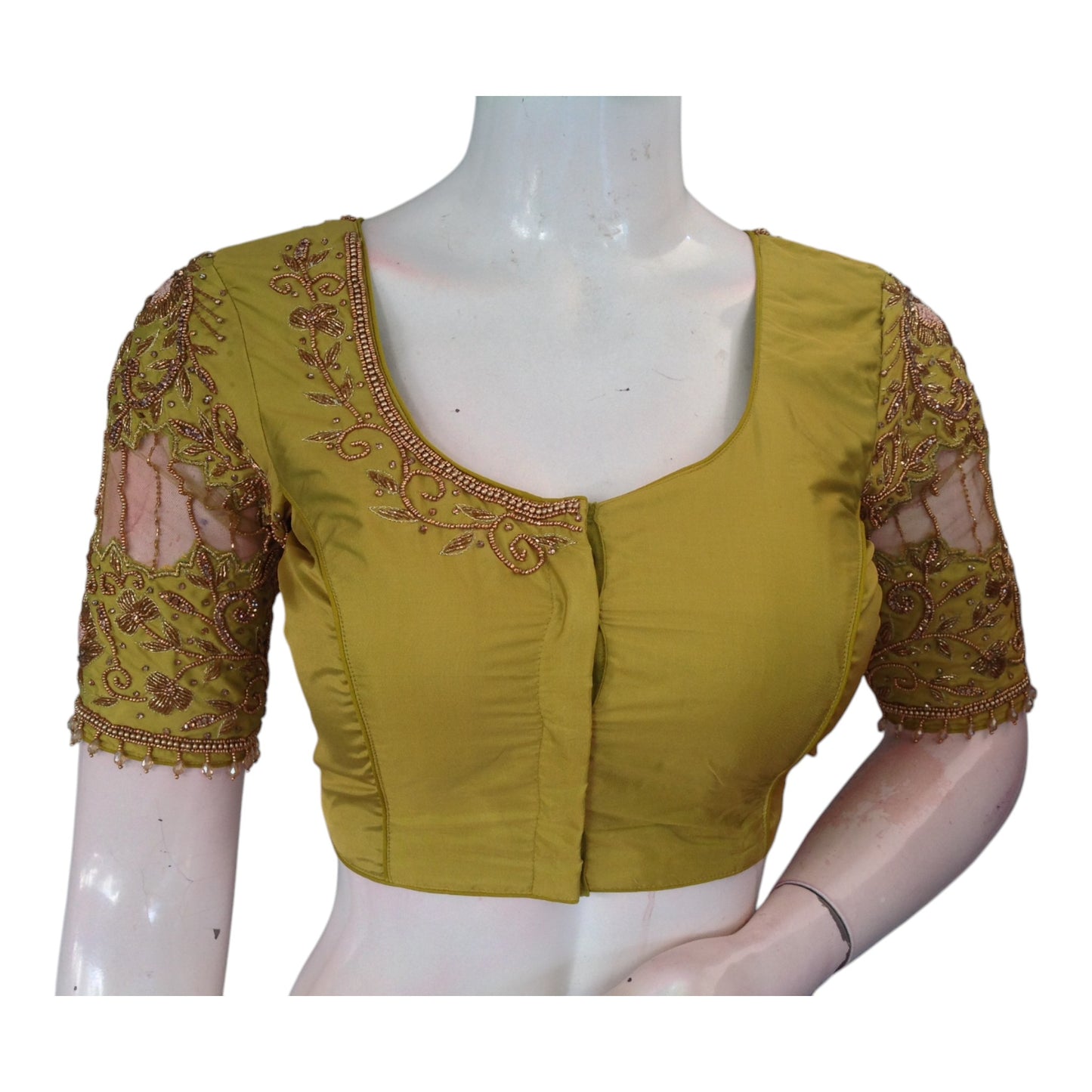 Elegant Olive Green Color Aari Handwork Blouse: Netted & Knotted