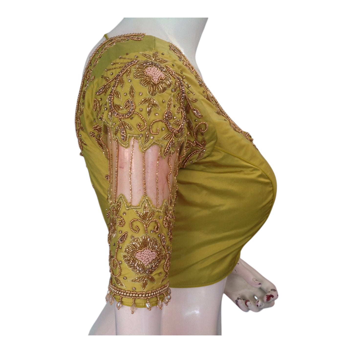Elegant Olive Green Color Aari Handwork Blouse: Netted & Knotted