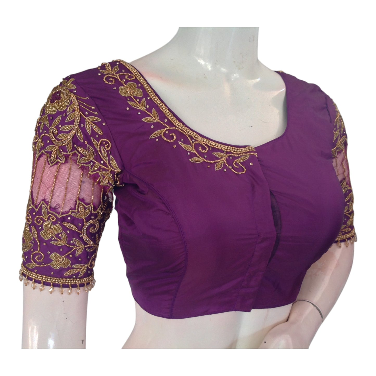 Opulent Purple: Knot & Net Aari Handwork Wedding Silk Saree Blouse