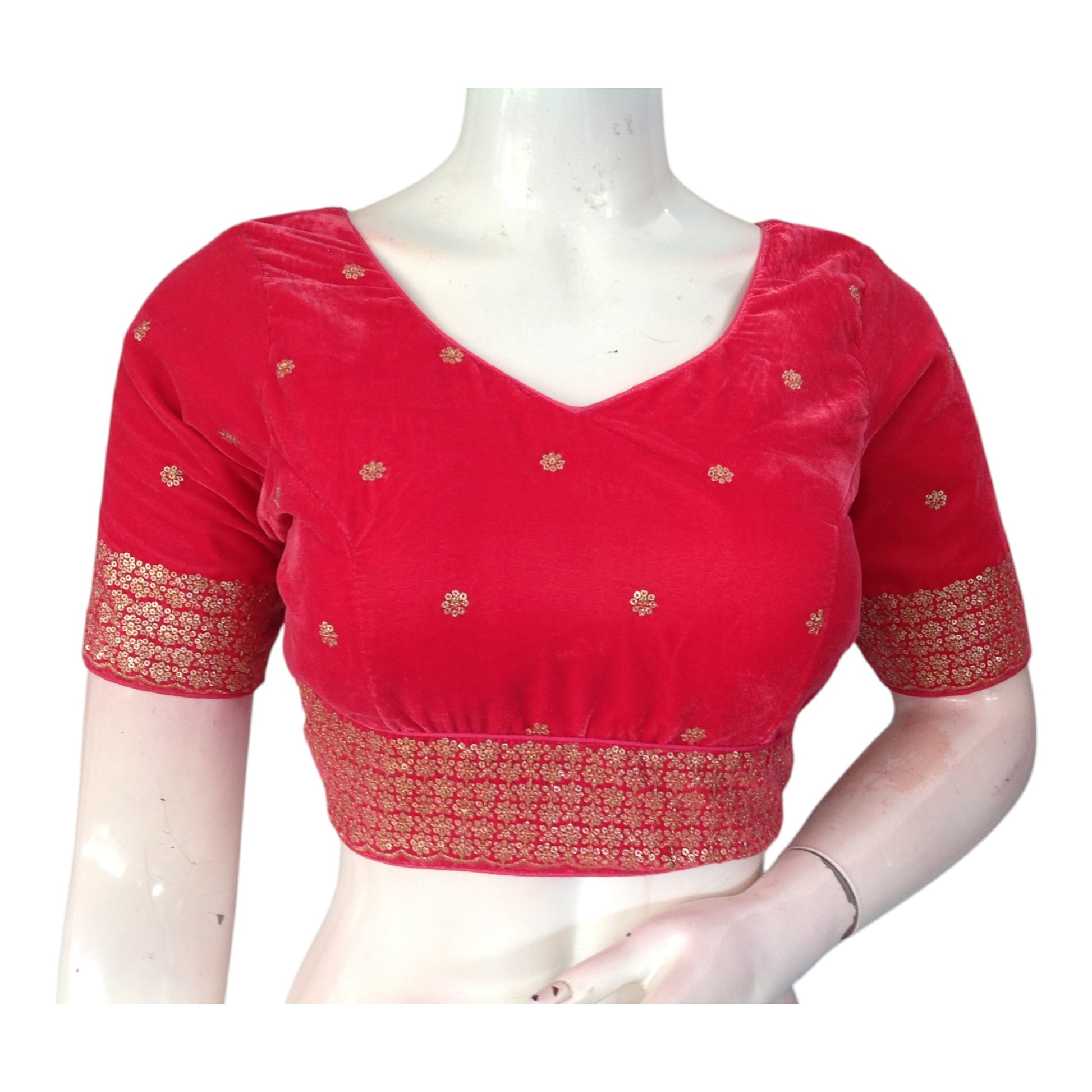 Dark Peach Pink Sequined Velvet V-Neck Designer Readymade Saree Blouse