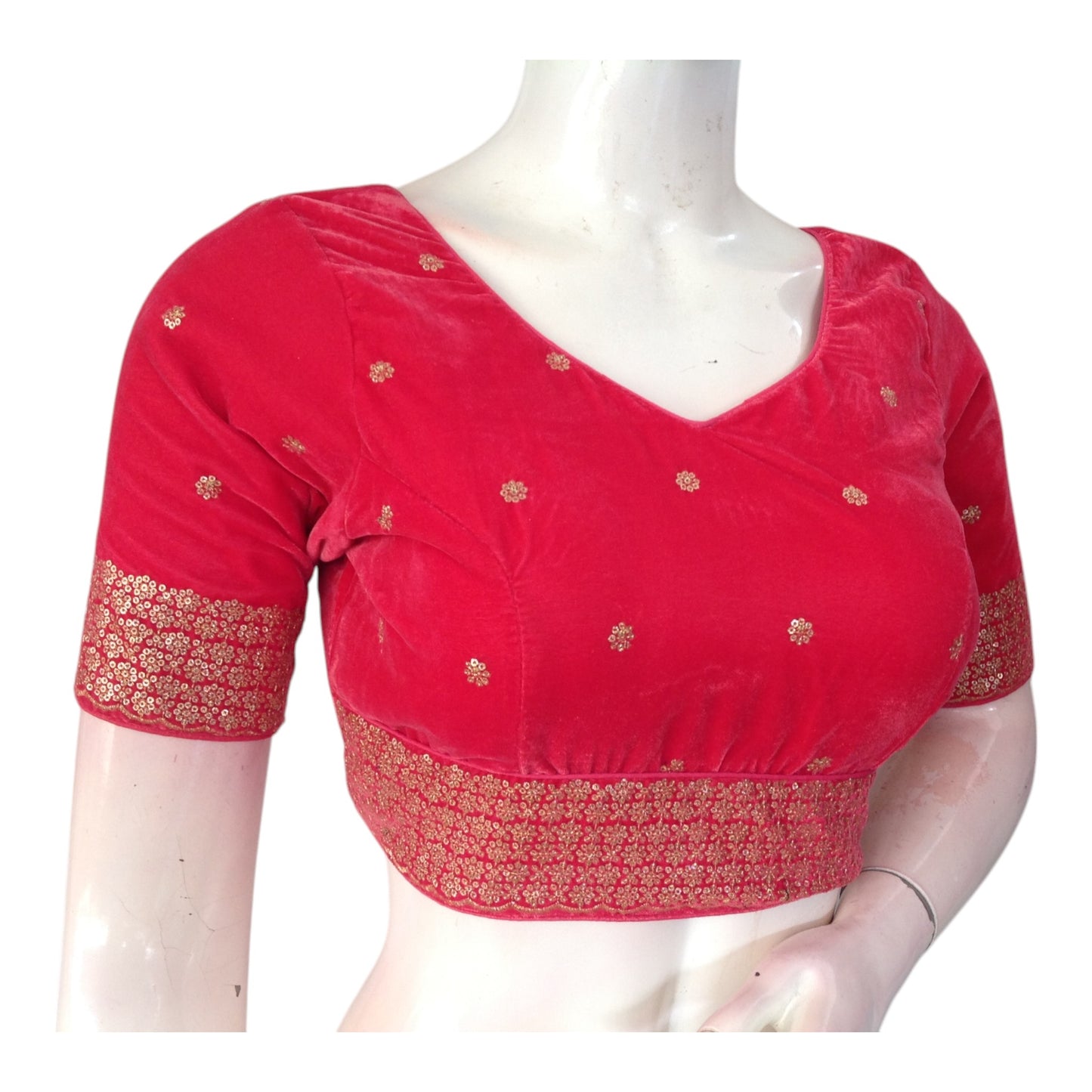 Dark Peach Pink Sequined Velvet V-Neck Designer Readymade Saree Blouse