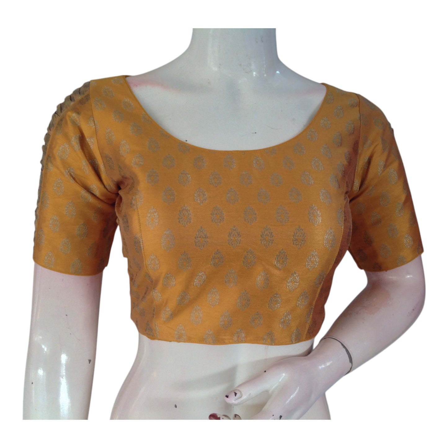 Opulent Mustard Gold Brocade Silk Blouse with Gold Butta & Designer Sleeves