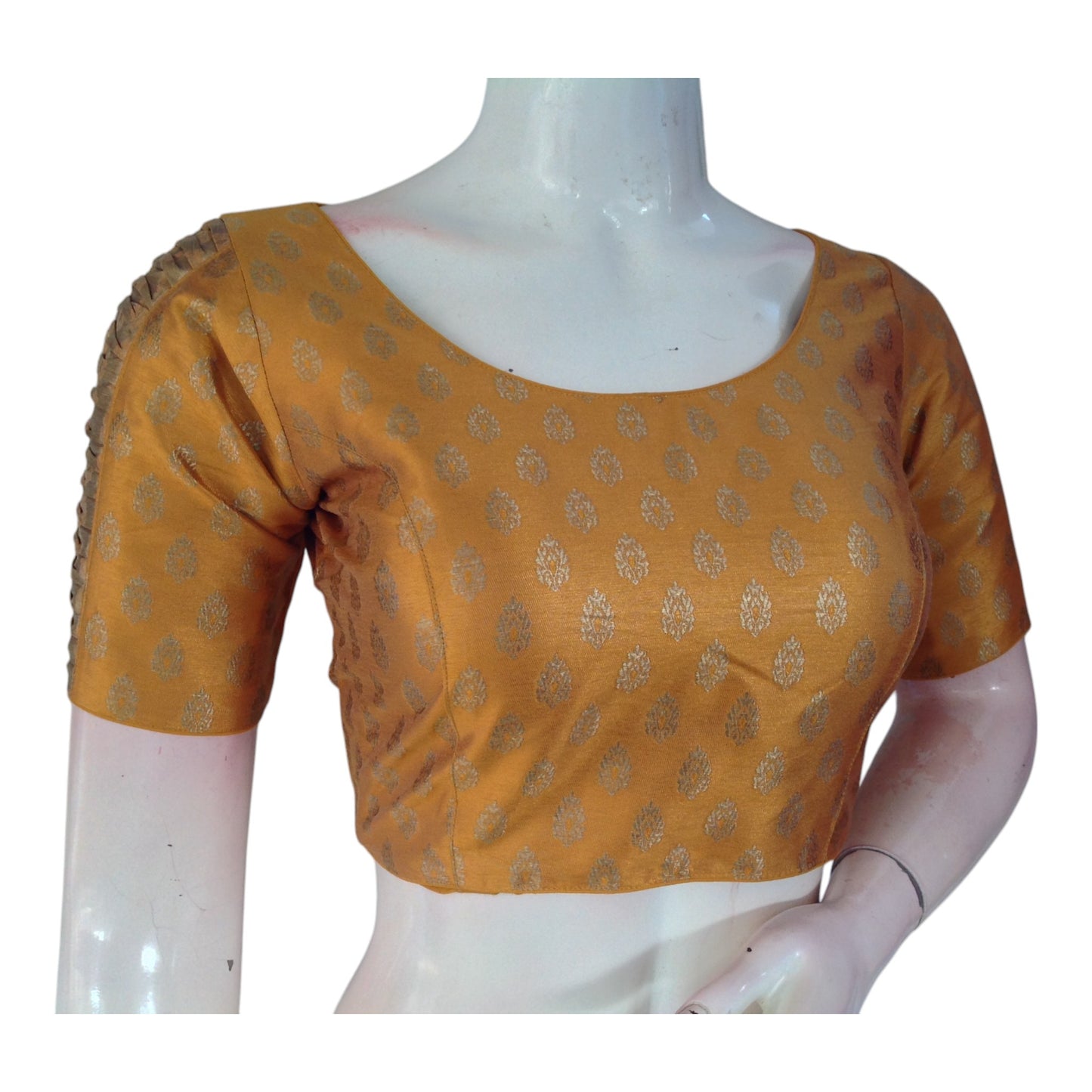 Opulent Mustard Gold Brocade Silk Blouse with Gold Butta & Designer Sleeves