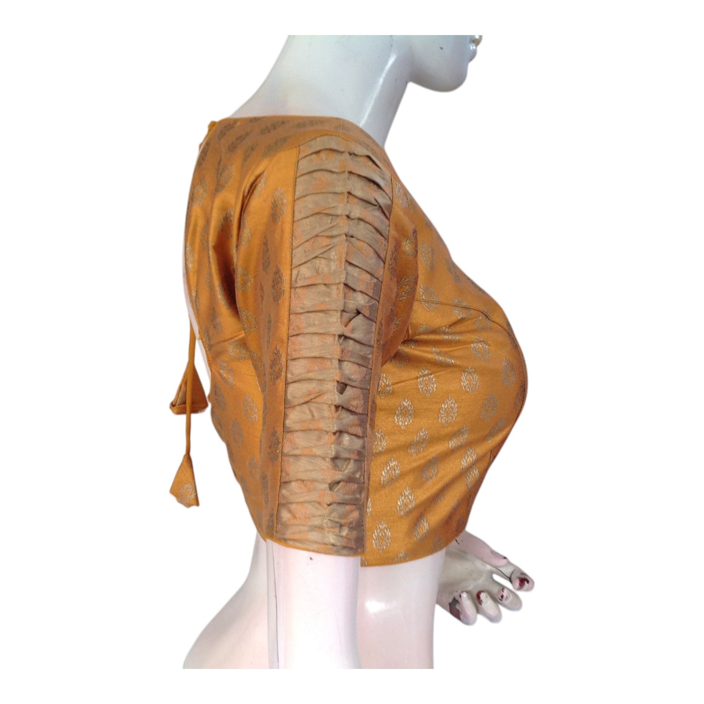 Opulent Mustard Gold Brocade Silk Blouse with Gold Butta & Designer Sleeves