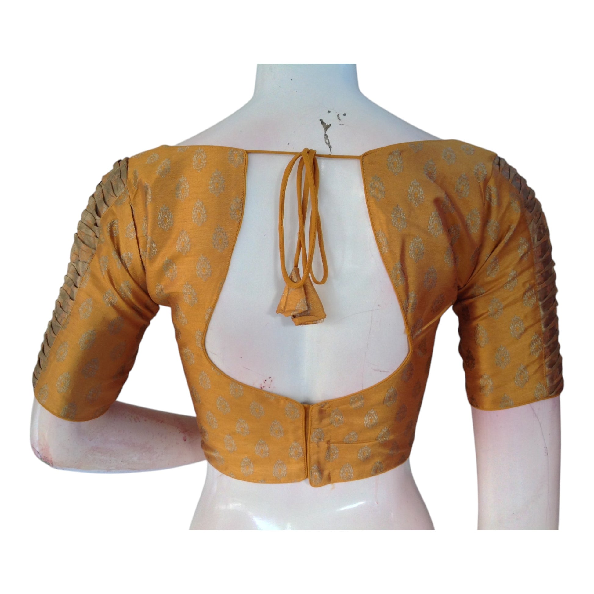 Opulent Mustard Gold Brocade Silk Blouse with Gold Butta & Designer Sleeves
