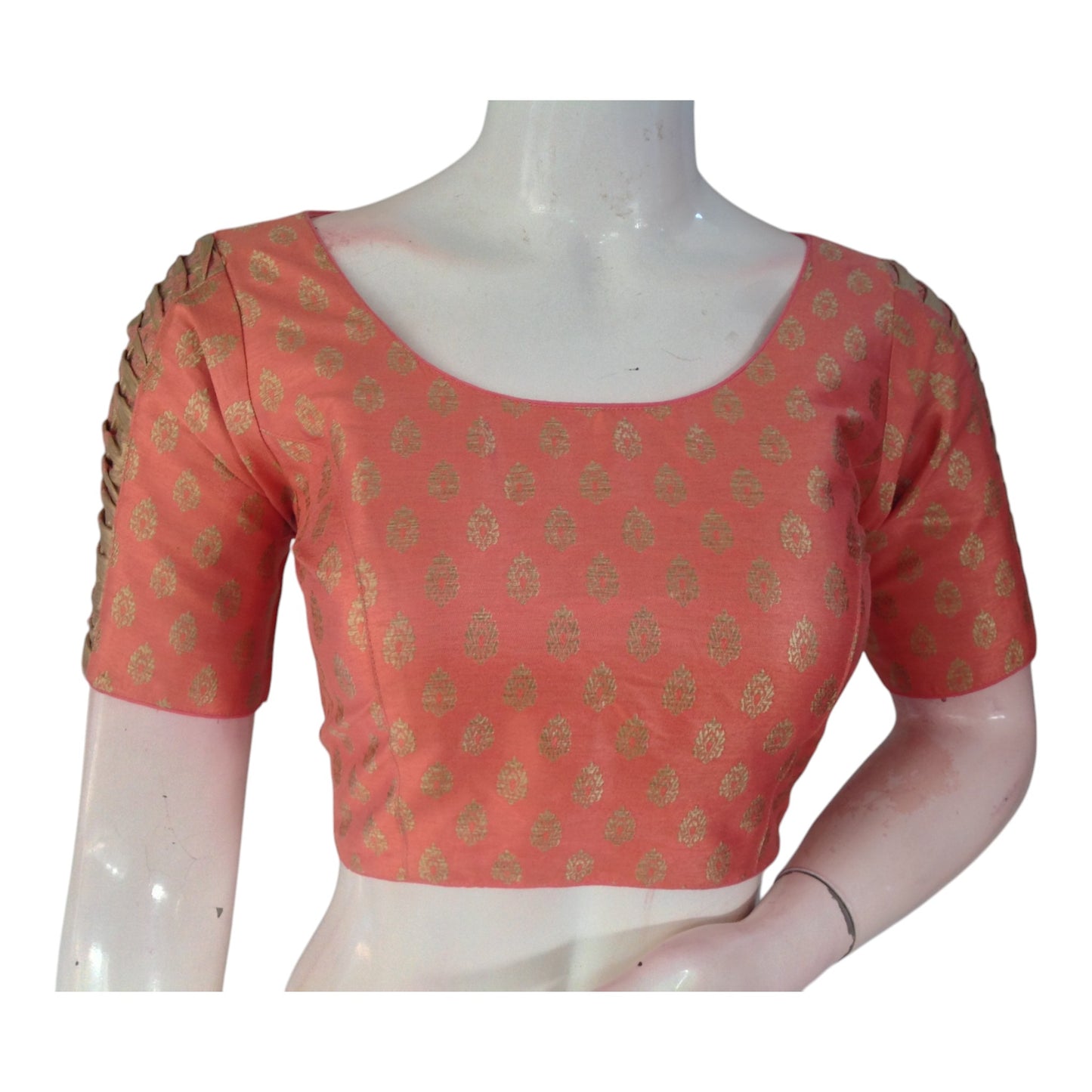 Elegant Peach Pink Brocade Silk Blouse with Gold Butta & Designer Sleeves