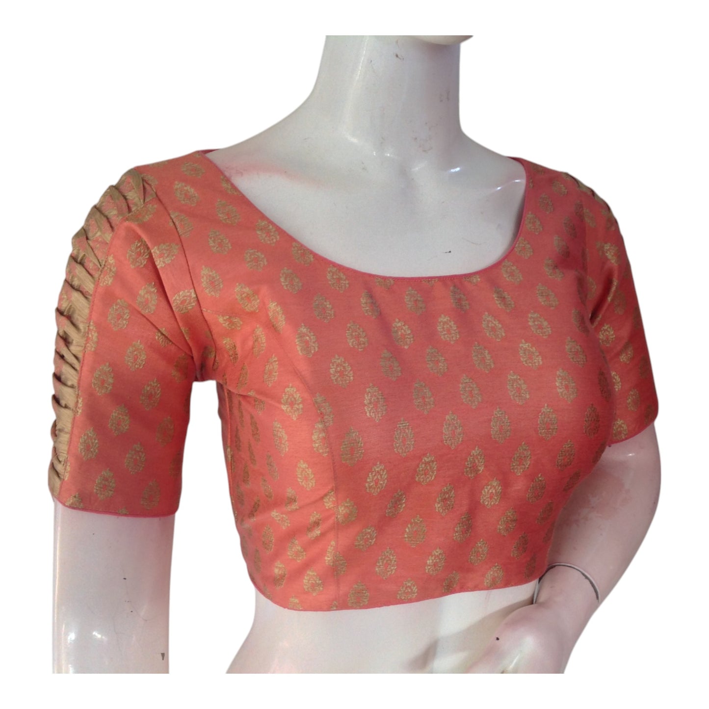 Elegant Peach Pink Brocade Silk Blouse with Gold Butta & Designer Sleeves