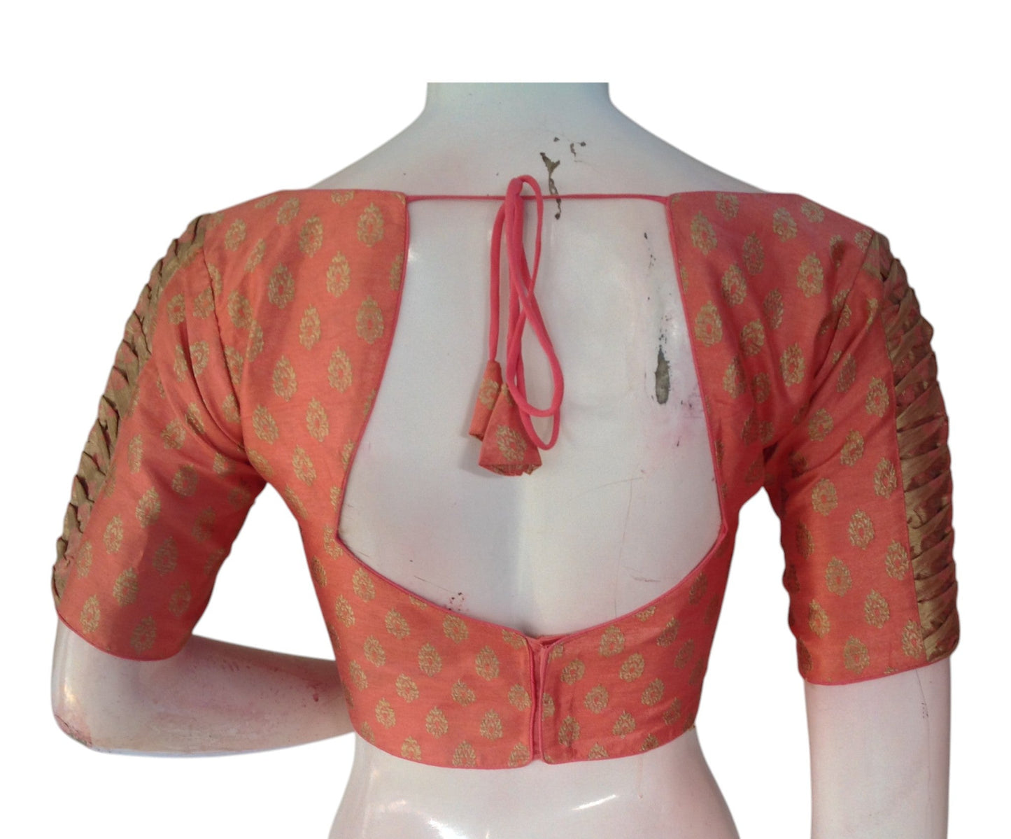 Elegant Peach Pink Brocade Silk Blouse with Gold Butta & Designer Sleeves