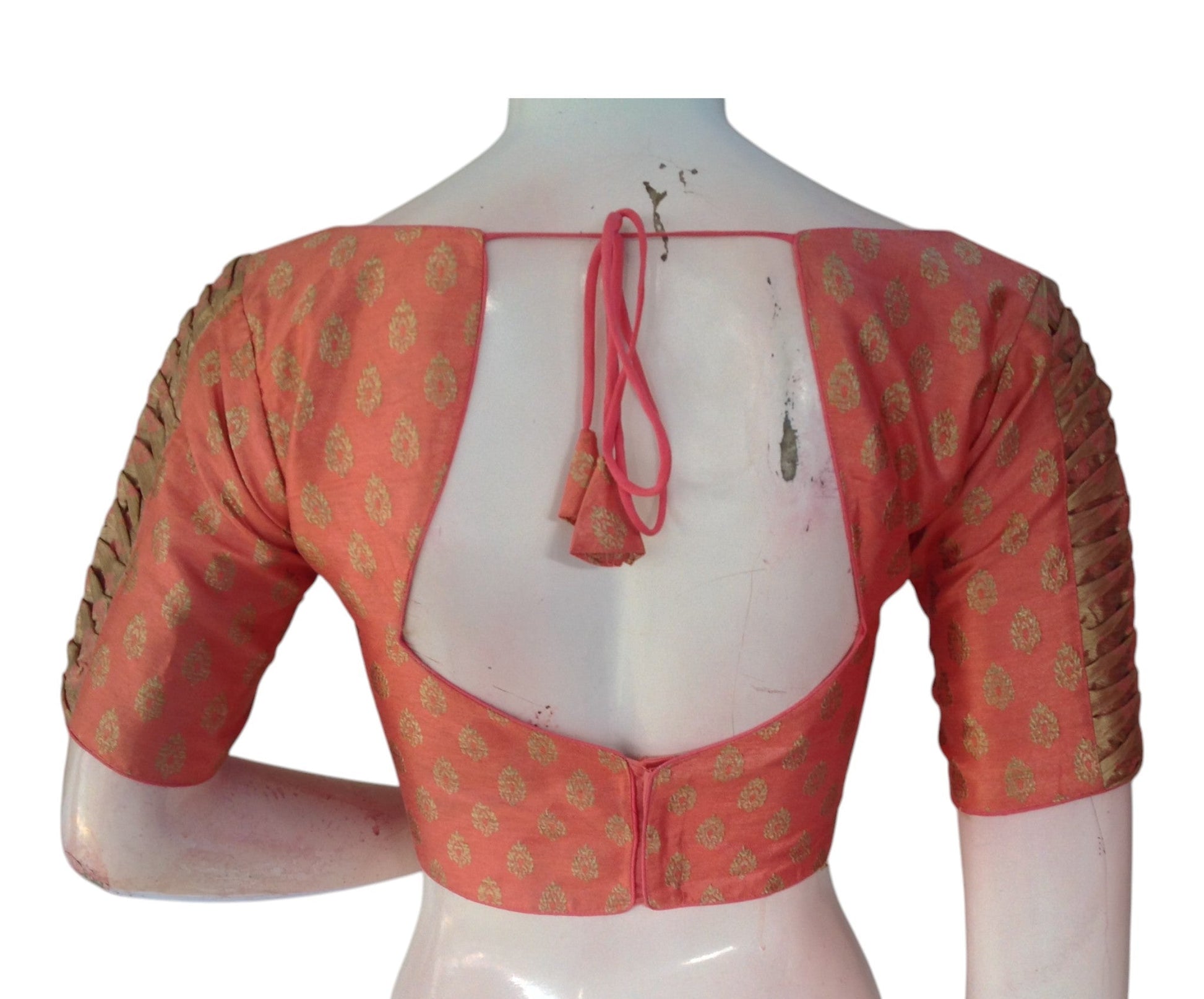 Elegant Peach Pink Brocade Silk Blouse with Gold Butta & Designer Sleeves