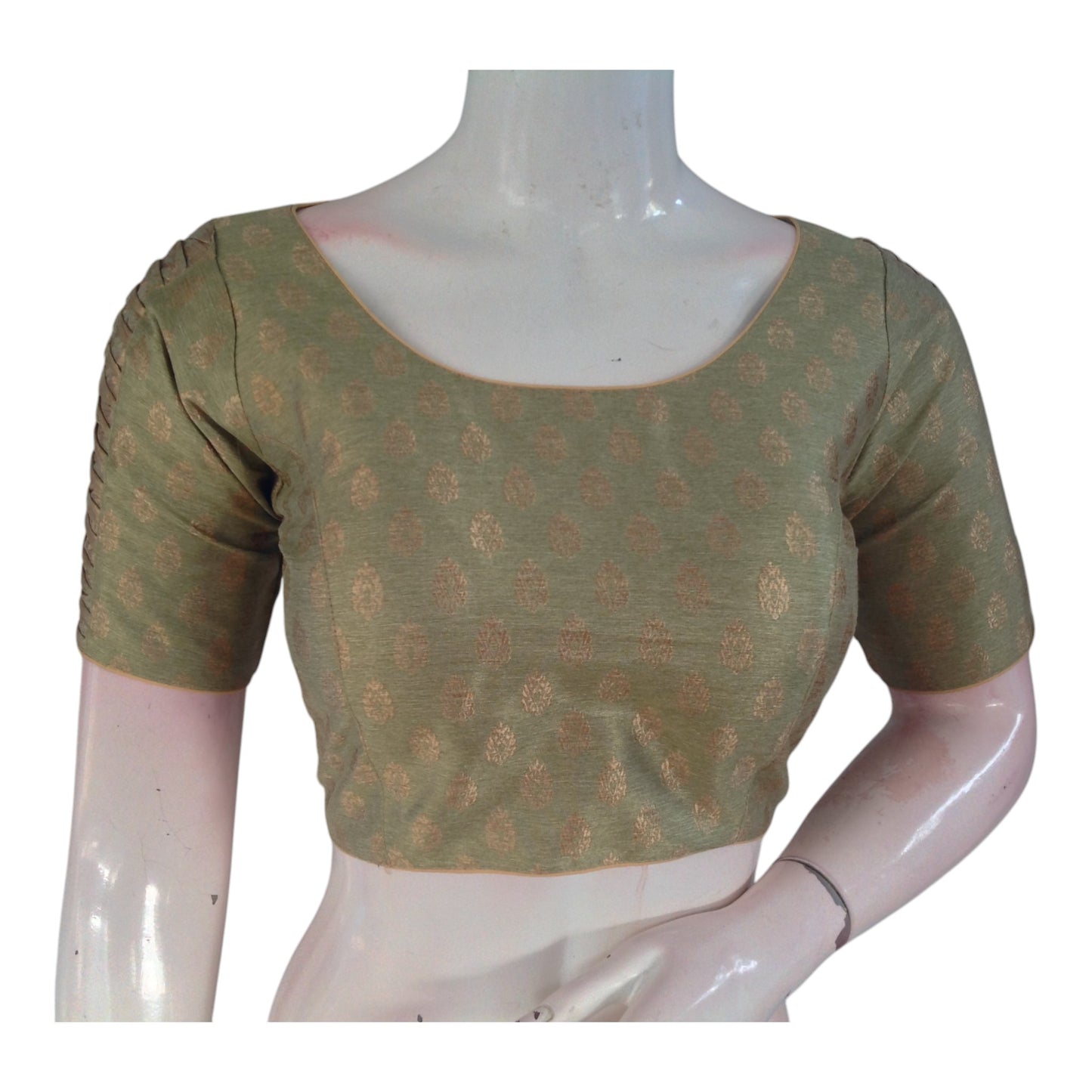 Olive Green Brocade Silk Readymade Blouse | Gold Butta & Designer Sleeves