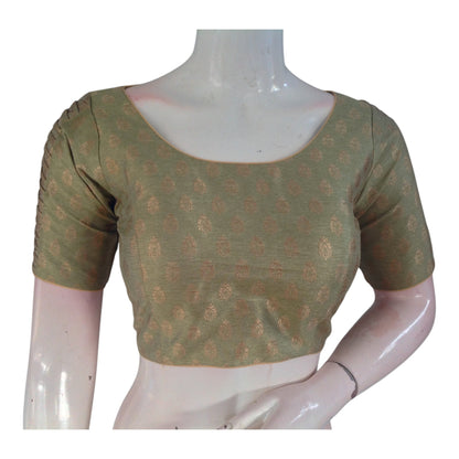 Olive Green Brocade Silk Readymade Blouse | Gold Butta & Designer Sleeves