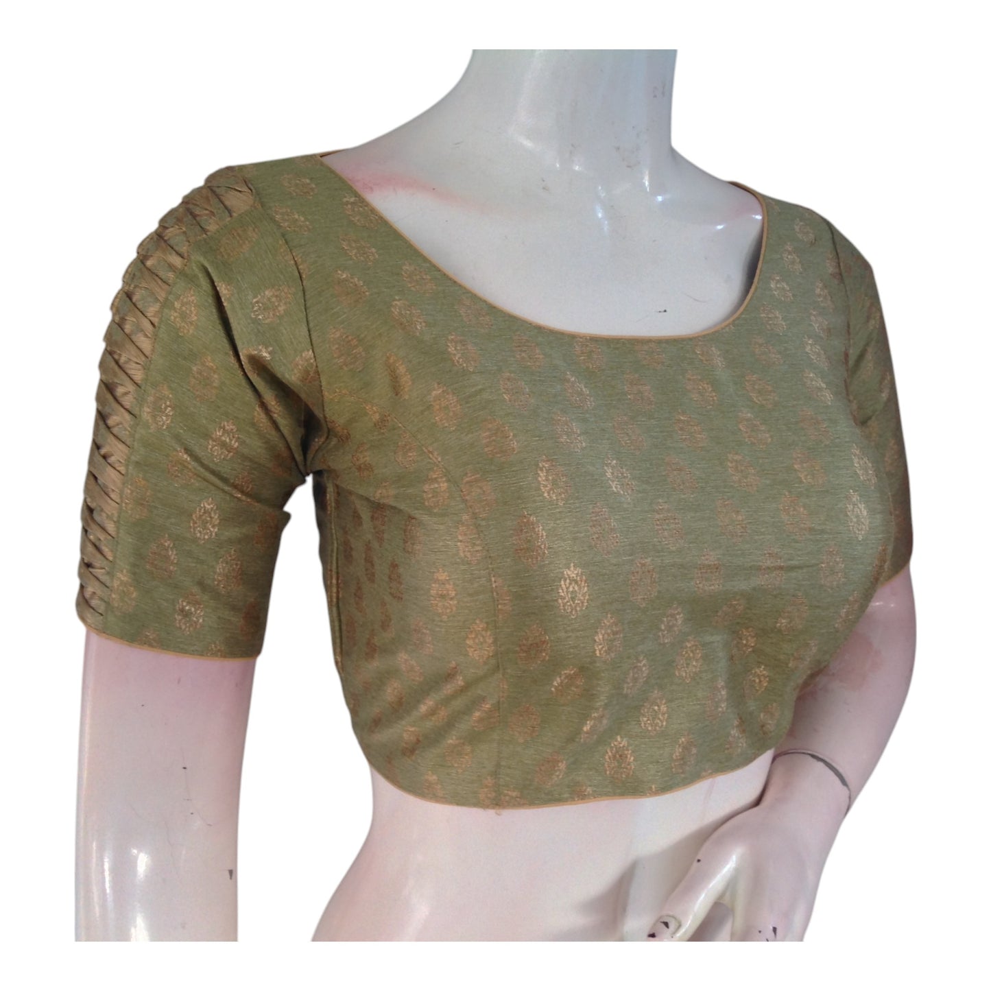 Olive Green Brocade Silk Readymade Blouse | Gold Butta & Designer Sleeves