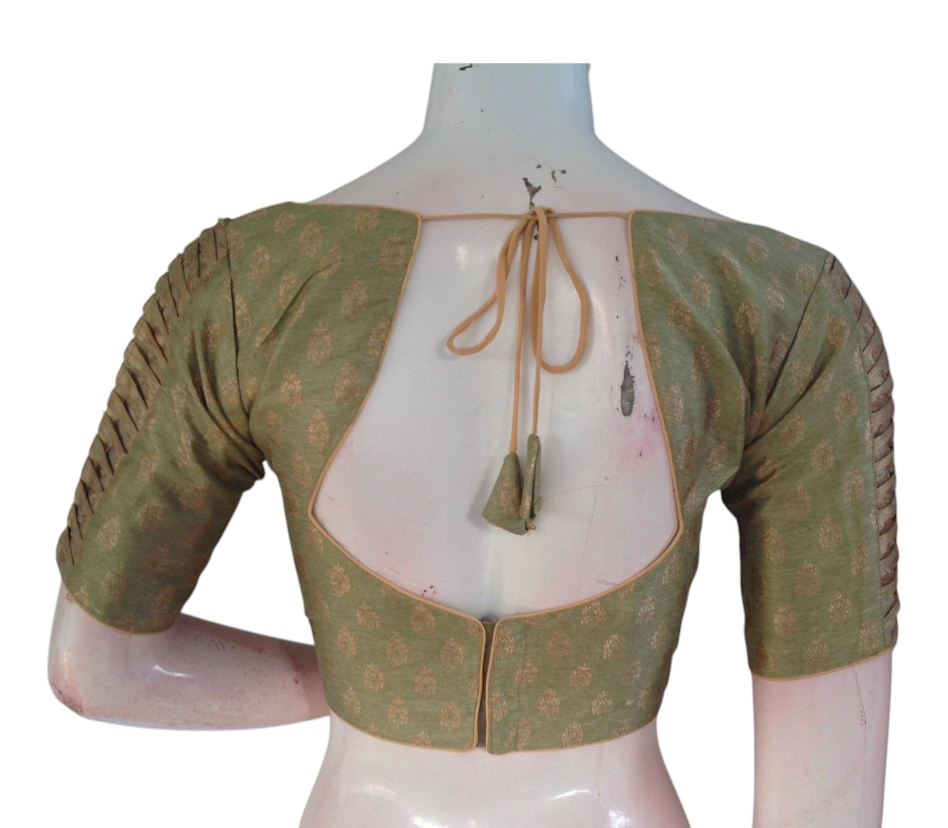 Olive Green Brocade Silk Readymade Blouse | Gold Butta & Designer Sleeves