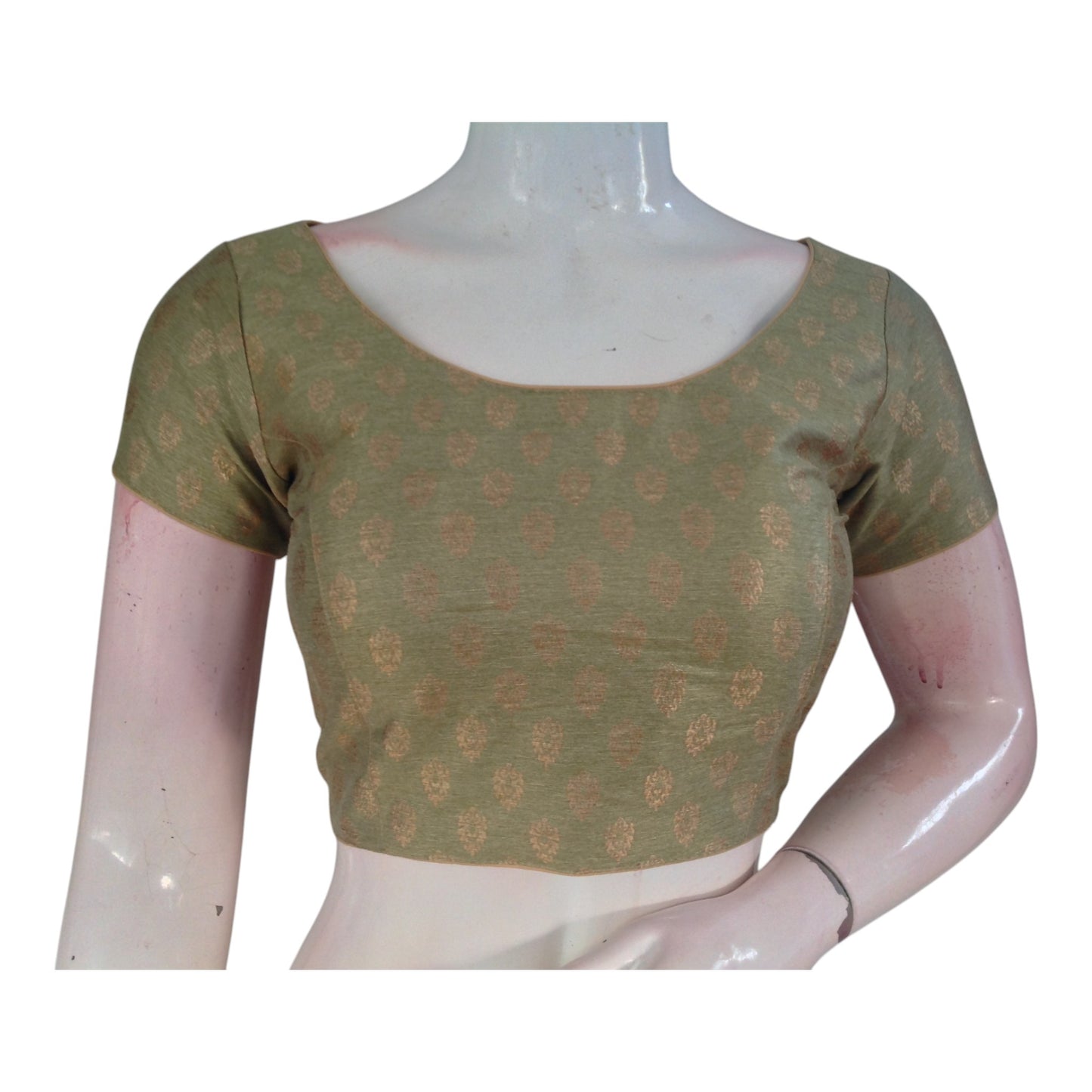 Elegant Olive Green Brocade Silk Designer Neck Readymade Saree Blouse