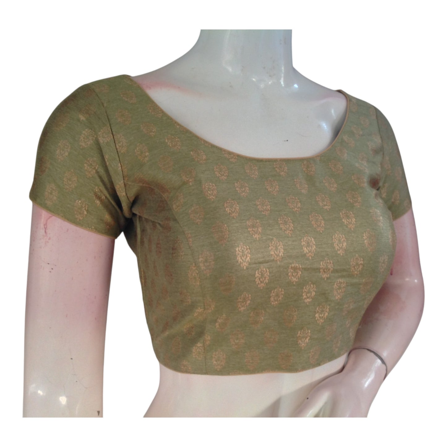 Elegant Olive Green Brocade Silk Designer Neck Readymade Saree Blouse