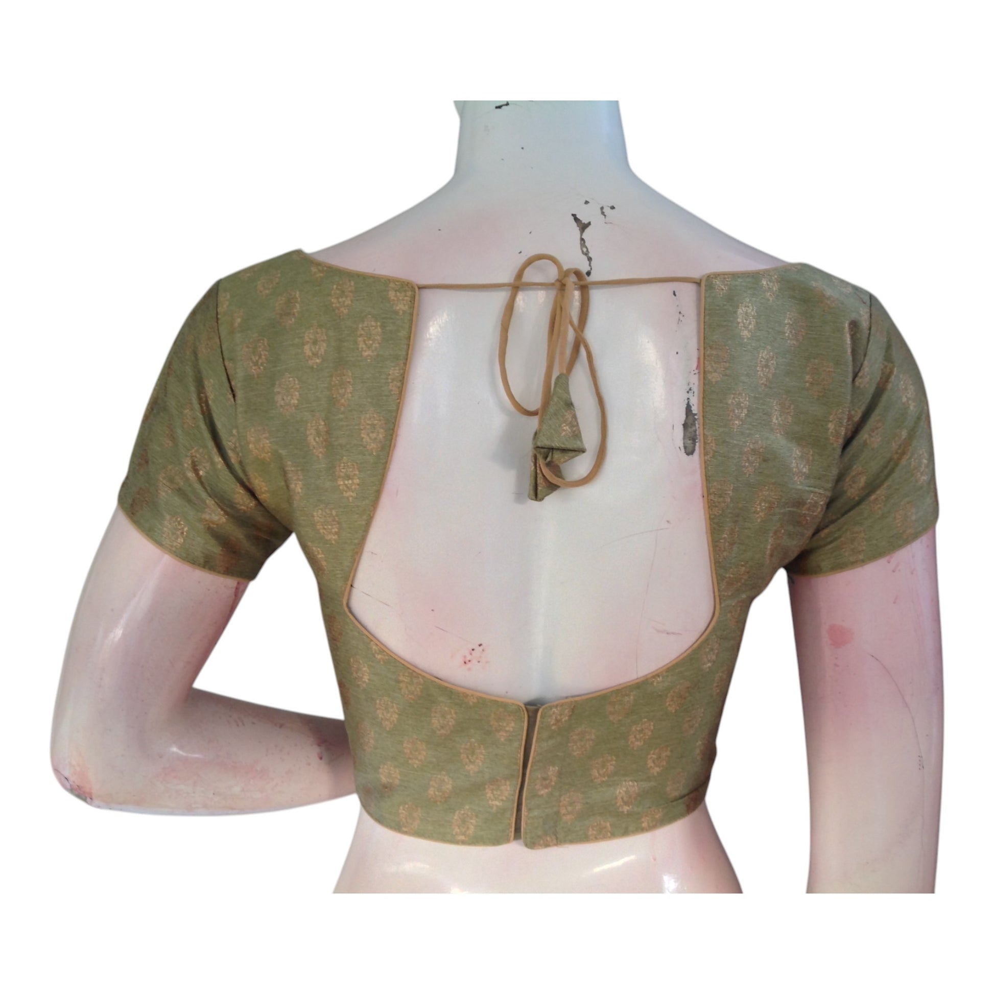 Elegant Olive Green Brocade Silk Designer Neck Readymade Saree Blouse