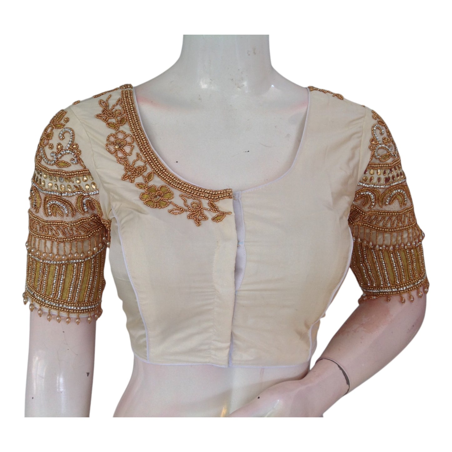 Bridal Off-White Color Silk Saree Blouse with Rich Aari Embellishments