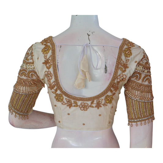 Bridal Off-White Silk Saree Blouse with Rich Aari Embellishments