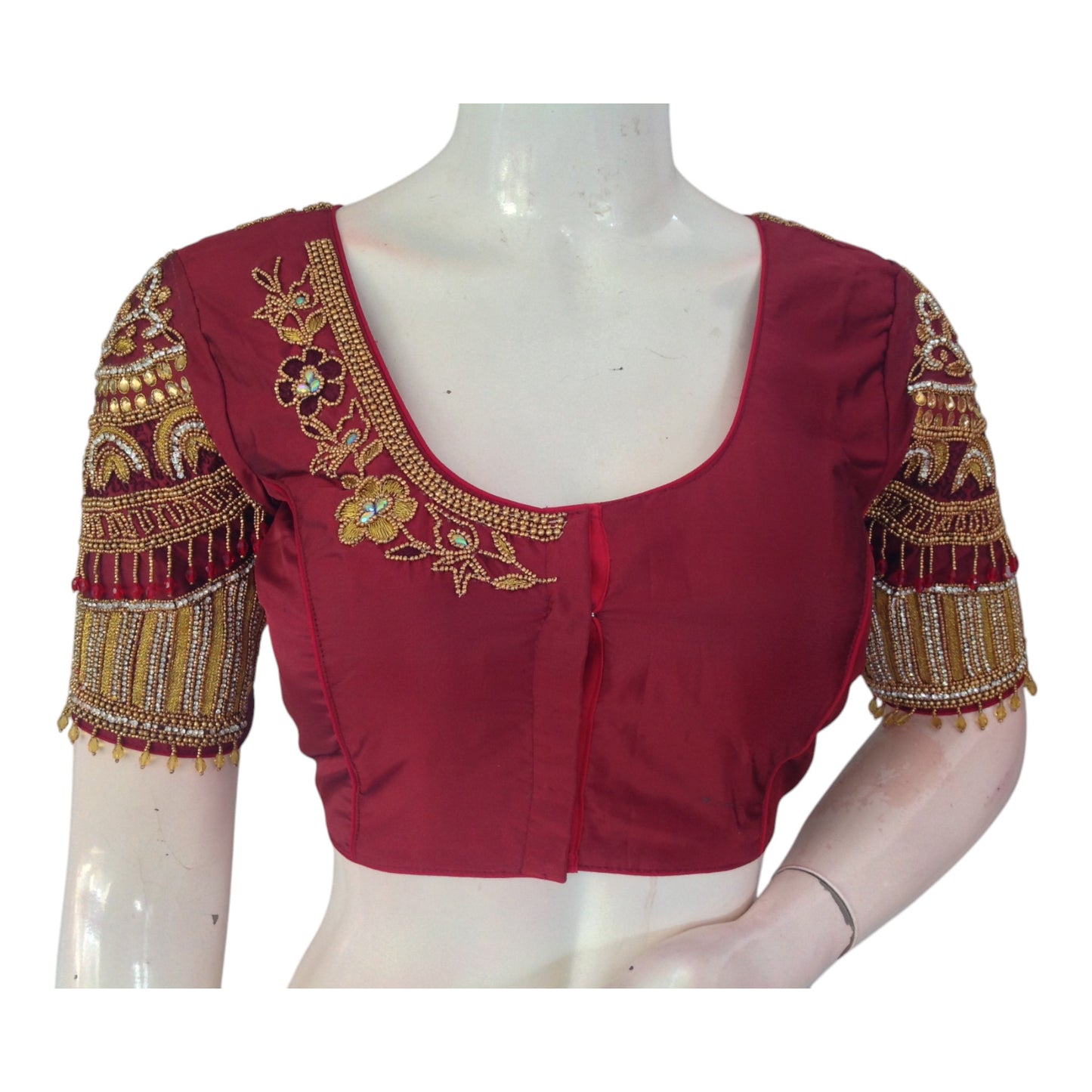 Traditional Maroon Color Bridal Silk Saree Blouse with Heavy Aari Hand Work