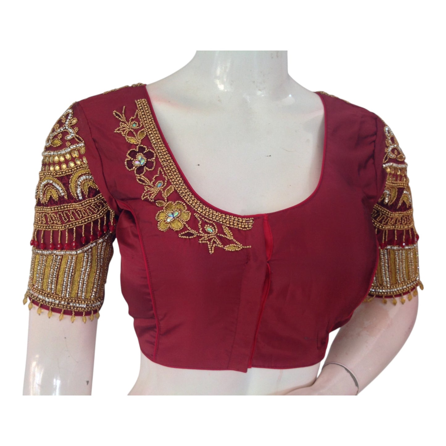 Traditional Maroon Color Bridal Silk Saree Blouse with Heavy Aari Hand Work