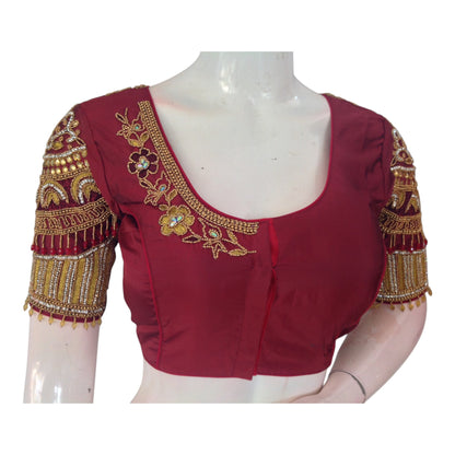 Traditional Maroon Color Bridal Silk Saree Blouse with Heavy Aari Hand Work