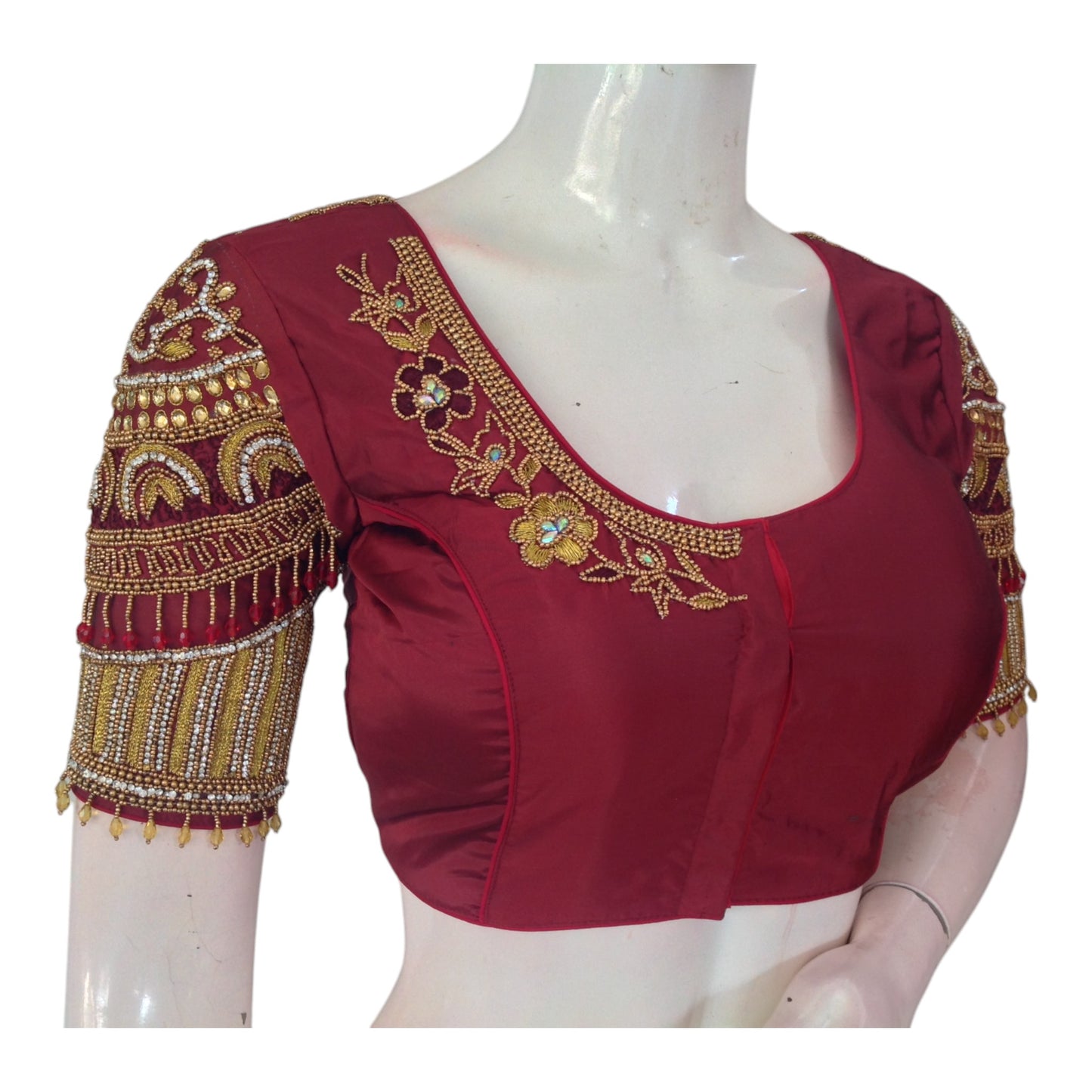 Traditional Maroon Color Bridal Silk Saree Blouse with Heavy Aari Hand Work