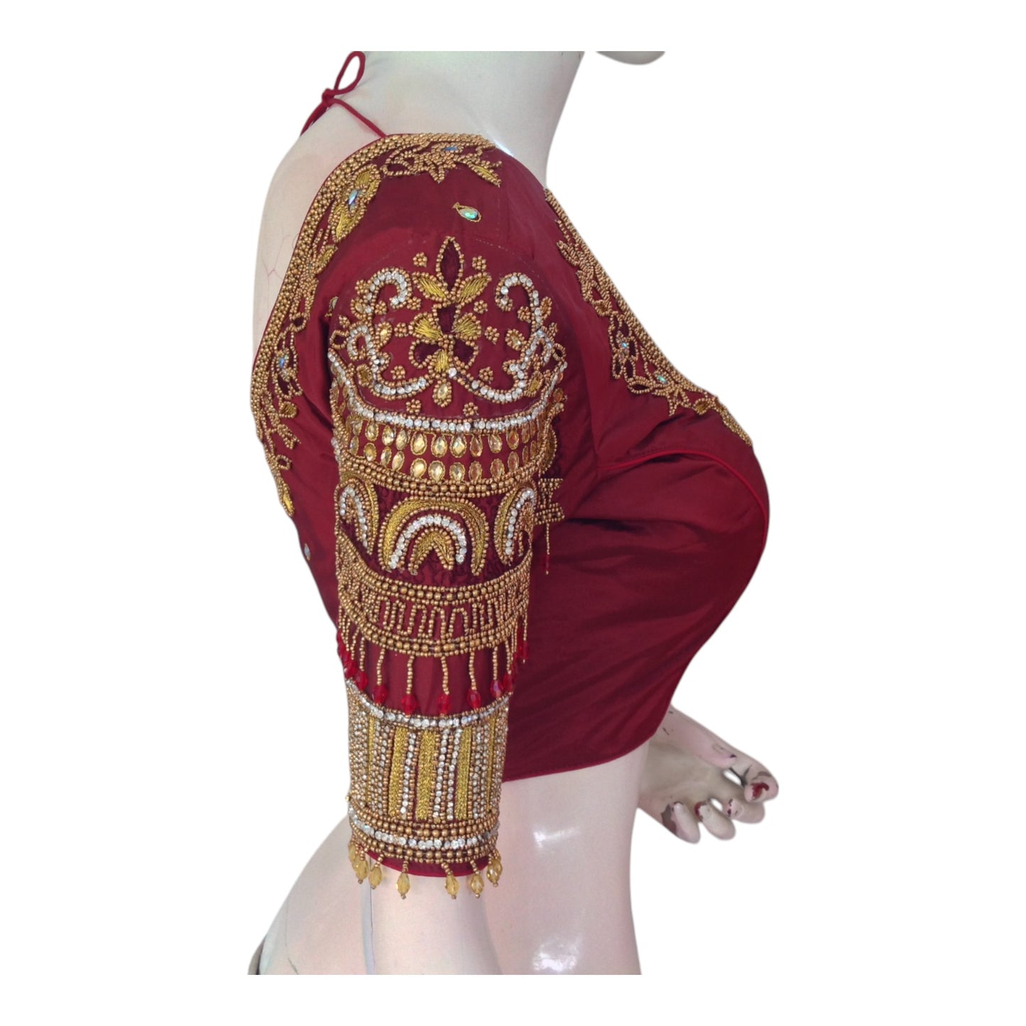 Traditional Maroon Color Bridal Silk Saree Blouse with Heavy Aari Hand Work