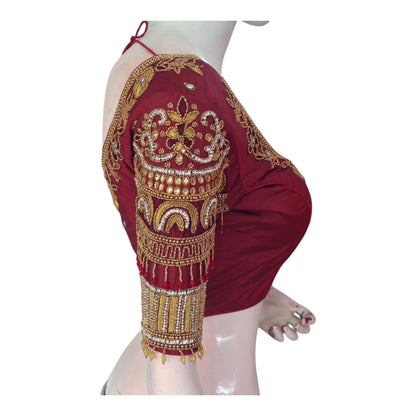 Traditional Maroon Color Bridal Silk Saree Blouse with Heavy Aari Hand Work