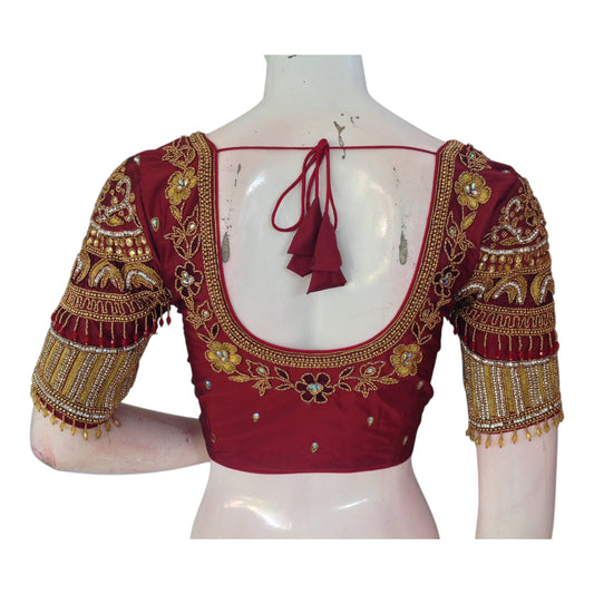 Traditional Maroon Color Bridal Silk Saree Blouse with Heavy Aari Hand Work