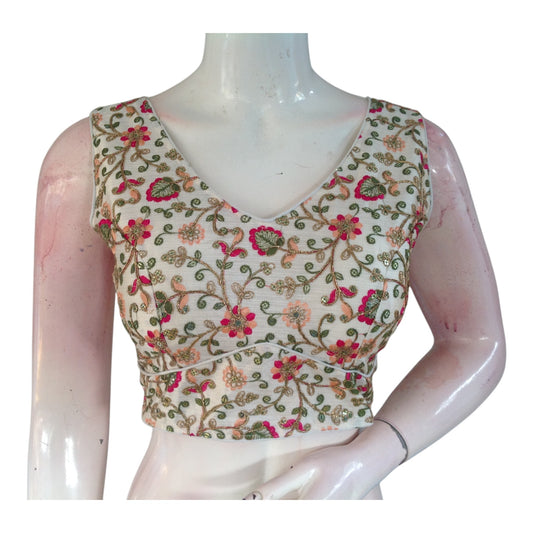 Off-White Color Semi-Silk Blouse with Delicate Floral Embroidery 