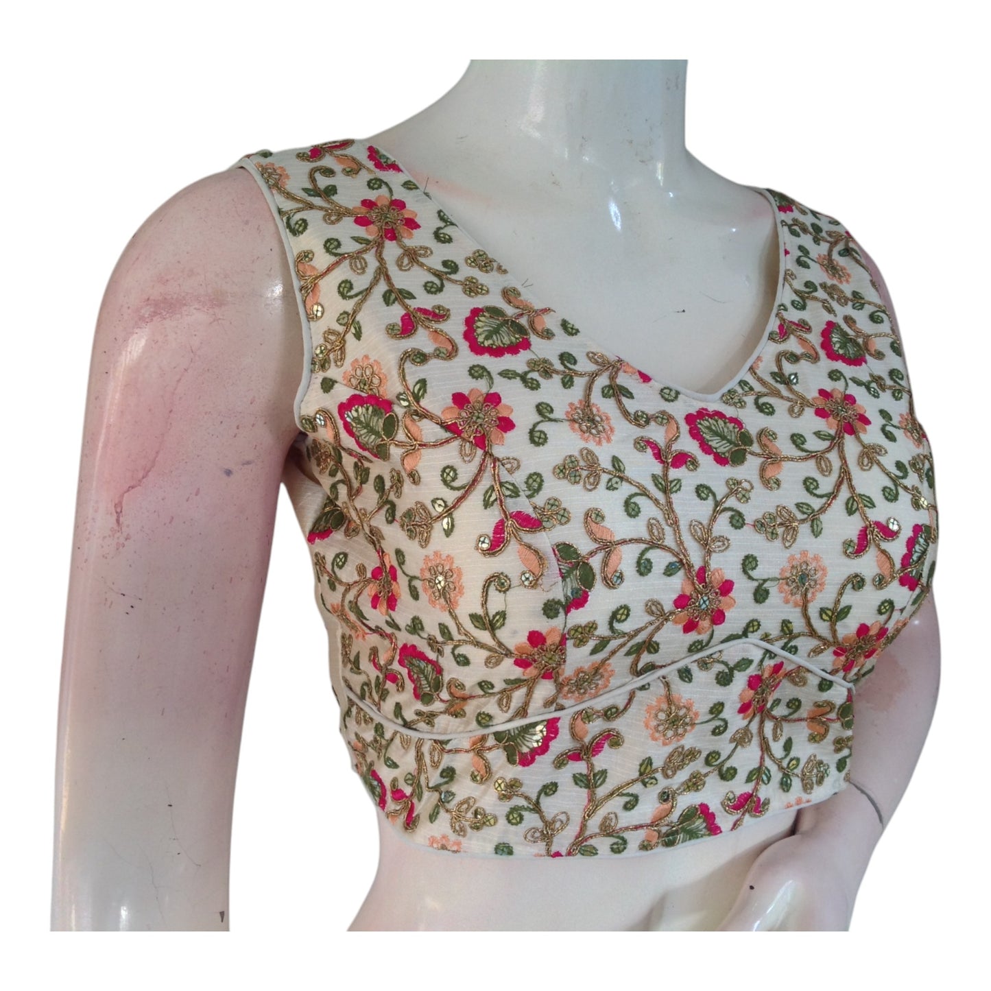 Off-White Color Semi-Silk Blouse with Delicate Floral Embroidery