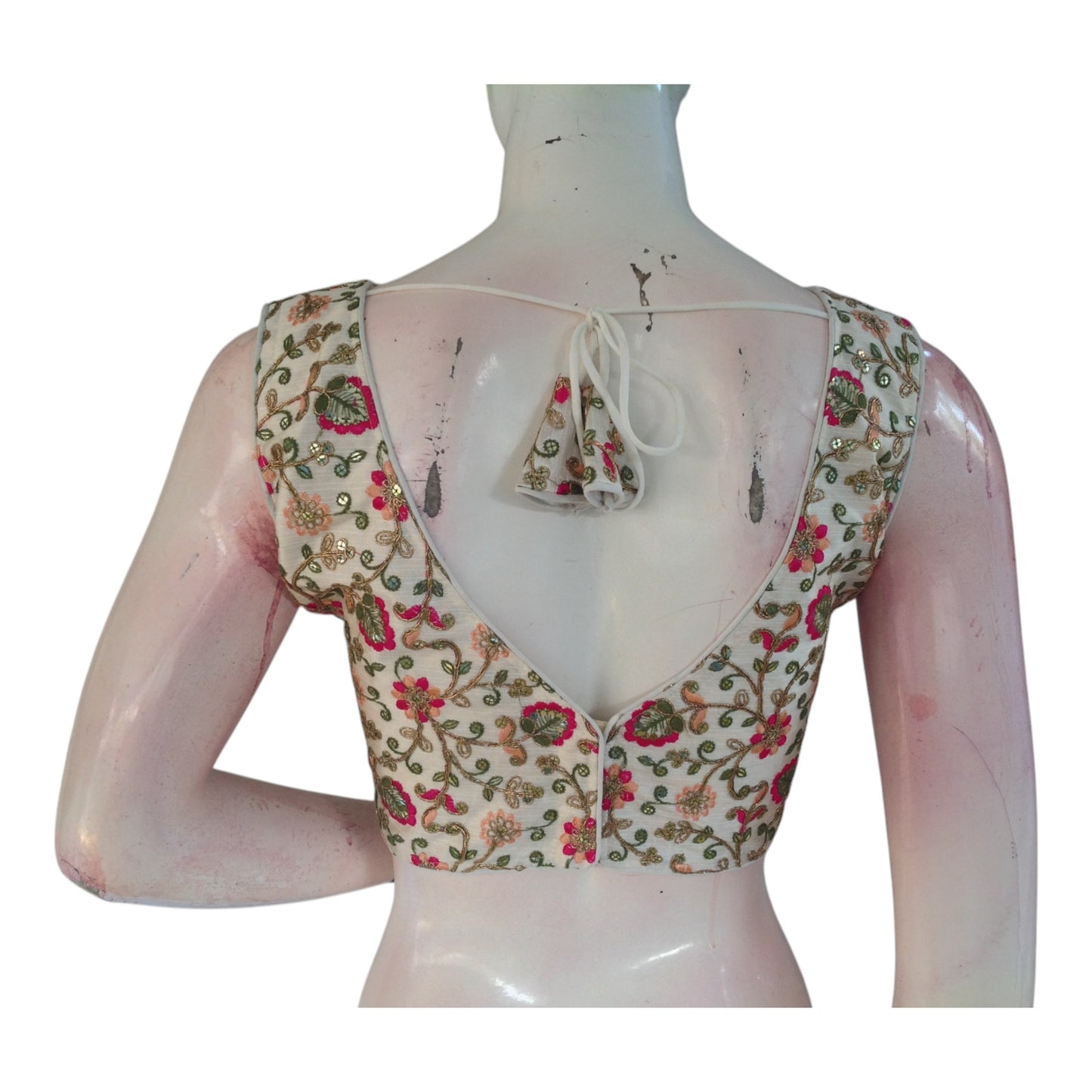 Off-White Color Semi-Silk Blouse with Delicate Floral Embroidery