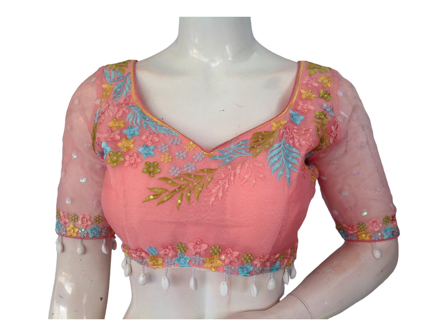 Peach Perfection, Pink Organza Sequins Designer Readymade Saree Blouses