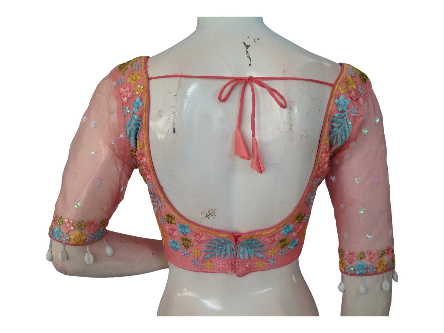 Peach Perfection, Pink Organza Sequins Designer Readymade Saree Blouses
