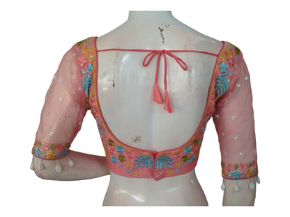 Peach Perfection, Pink Organza Sequins Designer Readymade Saree Blouses