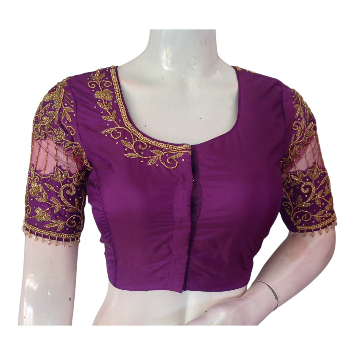 Opulent Purple: Knot & Net Aari Handwork Wedding Silk Saree Blouse